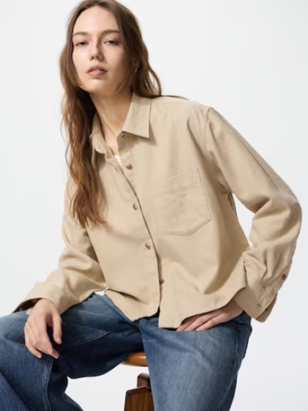 NWT Uniqlo Flannel Boxy Long Sleeve Shirt in Beige